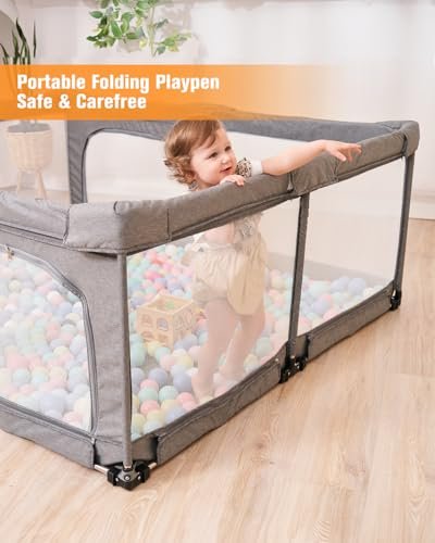 Dearlomum Foldable Baby Playpen with Gate, Extra Large Collapsible Play Yard for Babies & Toddlers, Portable Travel Playpen, Baby Activity Center for Indoor & Outdoor Use (Grey 51"×51")
