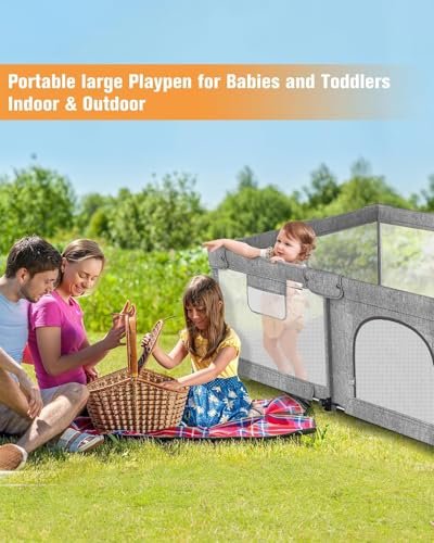 Dearlomum Foldable Baby Playpen with Gate, Extra Large Collapsible Play Yard for Babies & Toddlers, Portable Travel Playpen, Baby Activity Center for Indoor & Outdoor Use (Grey 51"×51")
