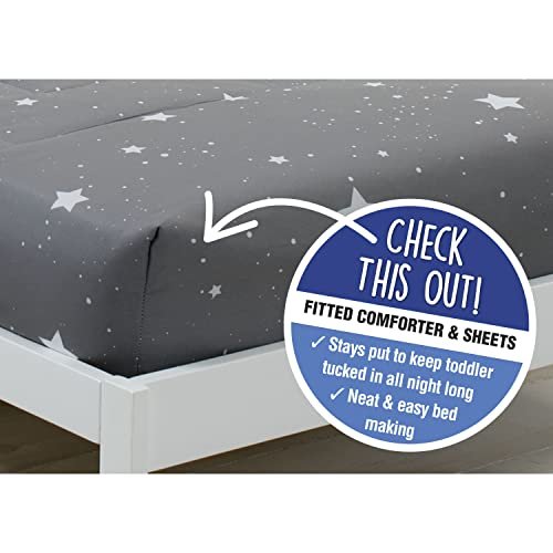 Delta 4-Piece Reversible Toddler Bedding Set - Fitted Sheet, Top Sheet, Pillowcase, 2-in-1 Comforter - For Boys, Dusty Skies & Grey Stars