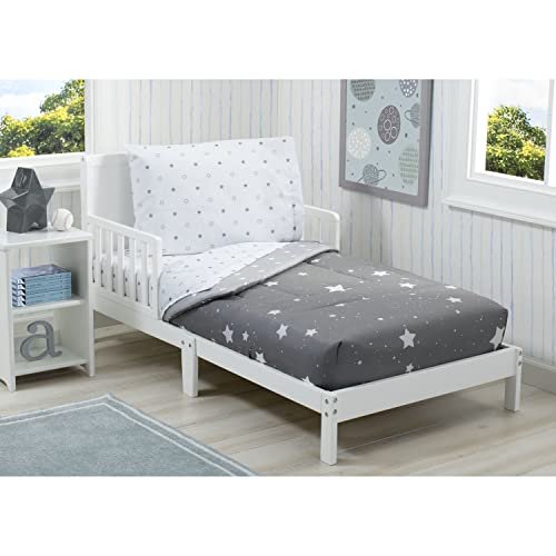 Delta 4-Piece Reversible Toddler Bedding Set - Fitted Sheet, Top Sheet, Pillowcase, 2-in-1 Comforter - For Boys, Dusty Skies & Grey Stars