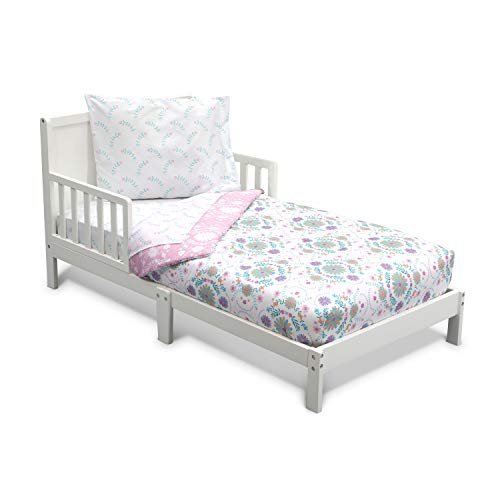 Delta Children 4 Piece Toddler Bedding Set for Girls - Reversible 2-in-1 Comforter - Includes Fitted Comforter to Keep Little Ones Snug, Bottom Sheet, Top Sheet, Pillow Case - Pink Bohemian