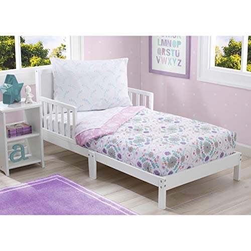 Delta Children 4 Piece Toddler Bedding Set for Girls - Reversible 2-in-1 Comforter - Includes Fitted Comforter to Keep Little Ones Snug, Bottom Sheet, Top Sheet, Pillow Case - Pink Bohemian