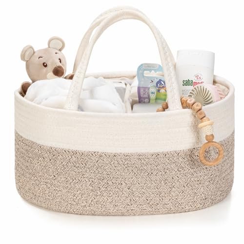 Diaper Caddy Organizer, Baby Storage Basket, Nursery Bin and Car Organizer for Diapers, Gift Basket for Baby Shower List or Newborn Essentials, Boys and Girls - White and Beige Brown