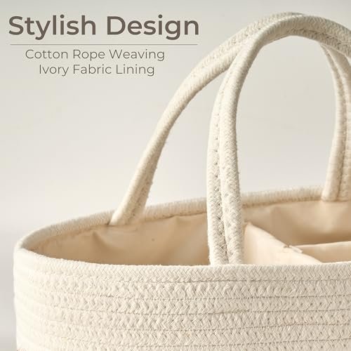 Diaper Caddy Organizer, Baby Storage Basket, Nursery Bin and Car Organizer for Diapers, Gift Basket for Baby Shower List or Newborn Essentials, Boys and Girls - White and Beige Brown
