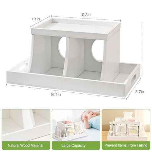 Diaper Caddy Organizer, Changing Table Organizer, Wooden Diaper Organizer for Nursery, Baby Diaper Storage Organizer with Removable Dividers (White, Rectangular Size)