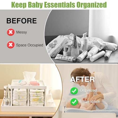 Diaper Caddy Organizer, Changing Table Organizer, Wooden Diaper Organizer for Nursery, Baby Diaper Storage Organizer with Removable Dividers (White, Rectangular Size)