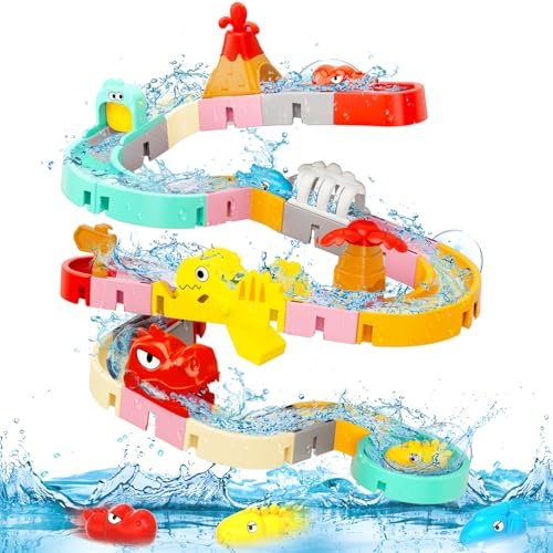 Dinosaur Bath Toys for Kids Ages 1-3 4-8, 43 PCS DIY Water Slides Tracks with 3 Dino Bathtub Bath Toys Toddlers 2-4 3-5, Fun Baby Bath Tub Bathtime Shower Birthday Gift 2 3 4 5 Boys Girls