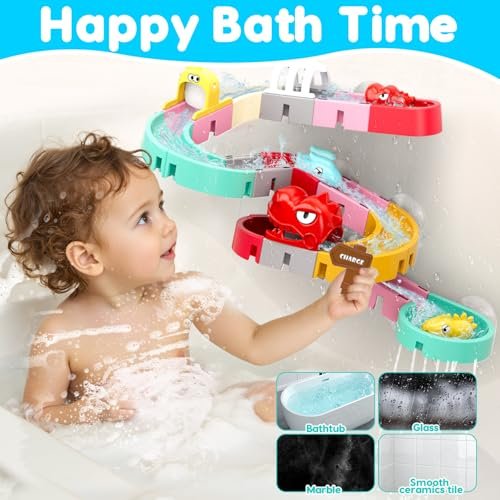 Dinosaur Bath Toys for Kids Ages 1-3 4-8, 43 PCS DIY Water Slides Tracks with 3 Dino Bathtub Bath Toys Toddlers 2-4 3-5, Fun Baby Bath Tub Bathtime Shower Birthday Gift 2 3 4 5 Boys Girls