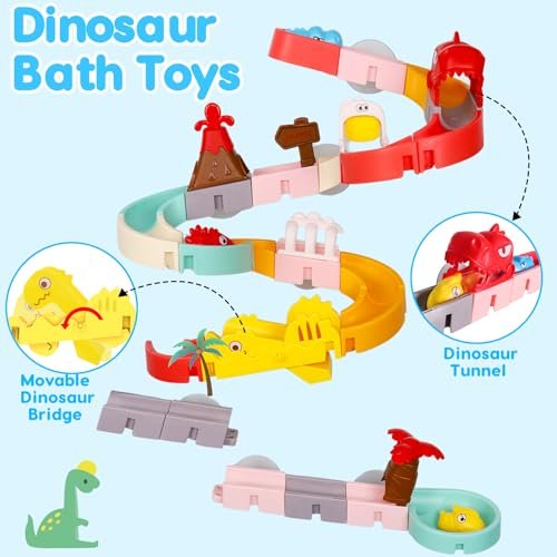 Dinosaur Bath Toys for Kids Ages 1-3 4-8, 43 PCS DIY Water Slides Tracks with 3 Dino Bathtub Bath Toys Toddlers 2-4 3-5, Fun Baby Bath Tub Bathtime Shower Birthday Gift 2 3 4 5 Boys Girls