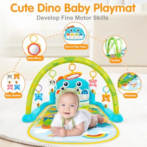 Dinosaur Newborn Baby Toys 0-6 Months Tummy Time Baby Gym Play Mats with High Contrast Book Piano Floor Playmate for Infant 0-3 3-6 Month Musical Learning Toys Gifts for Newborns 0+ Months Boys Girls