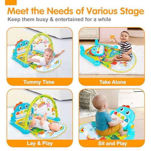 Dinosaur Newborn Baby Toys 0-6 Months Tummy Time Baby Gym Play Mats with High Contrast Book Piano Floor Playmate for Infant 0-3 3-6 Month Musical Learning Toys Gifts for Newborns 0+ Months Boys Girls