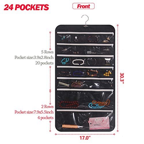 DIOMMELL Hanging Jewelry Organizer 47 Pockets with Zipper for Earrings Necklace Bracelet Ring Accessory Display Storage Bag Travel Holder Box