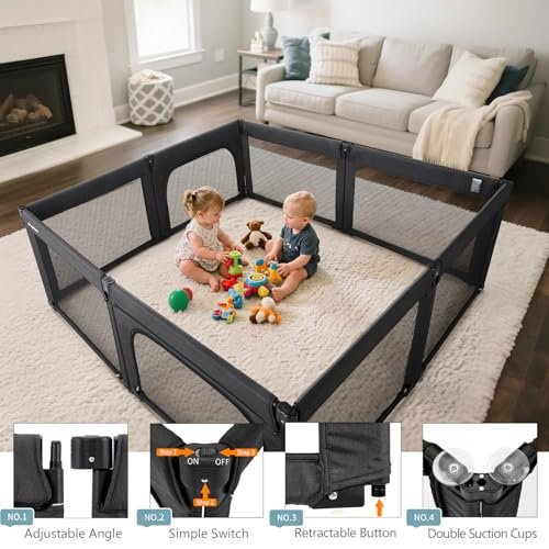 Doradotey Baby Playpen Foldable for Toddlers 1-3, Size and Shape Adjustable Enclosure, 8-Panels Detachable Gate 79x71 Large Indoor Playard, Easy Assembly and Clean, Safety Fence Play Area, Black