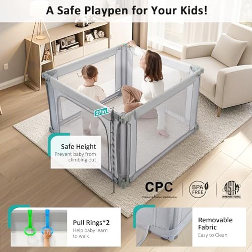 Doradotey Baby Playpen, Shape &Size Adjustable Small Baby Playard for Babies and Toddlers, Foldable Playpen Fence Indoors Play Center Yards, Breathable Mesh Anti-Fall Play Pen 47 * 47, Light Grey