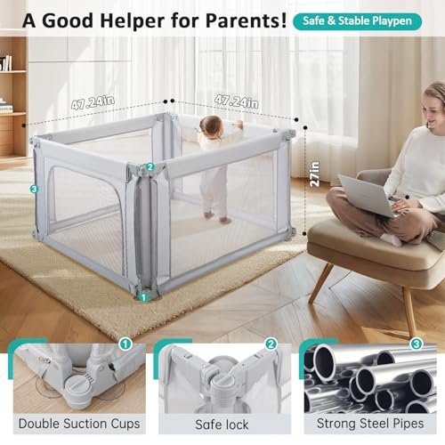 Doradotey Baby Playpen, Shape &Size Adjustable Small Baby Playard for Babies and Toddlers, Foldable Playpen Fence Indoors Play Center Yards, Breathable Mesh Anti-Fall Play Pen 47 * 47, Light Grey