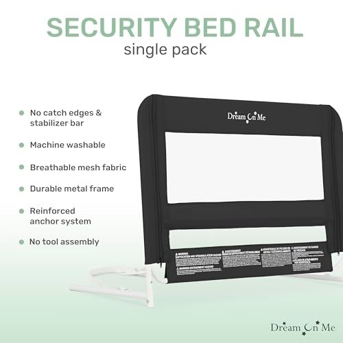 Dream On Me Lightweight Mesh Security Adjustable Bed Rail for Toddler, Breathable Mesh Fabric, Suitable for All Types of Beds, Reinforced Anchor System Bed Guard Rail, Black