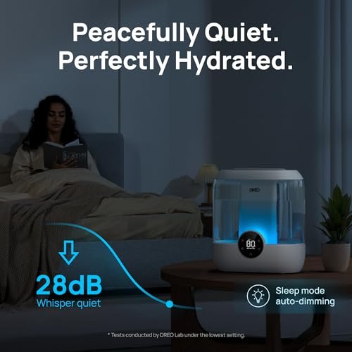 Dreo 6L Top Fill Humidifiers for Bedroom, 60H Runtime, 28 dB Quiet Supersized Cool Mist Humidifiers for Large Room, Air Humidifier for Home, Baby, Plant, Indoor, Night Light, Ultrasonic