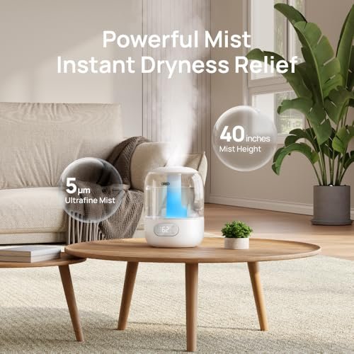 Dreo Humidifiers for Bedroom, 3L Top Fill 30H & 26dB Quiet Runtime for Large Room, Cool Mist Ultrasonic Humidifier with Humidity Sensor, Night Light for Home, Baby, Nursery, Plants, 360° Nozzle, White