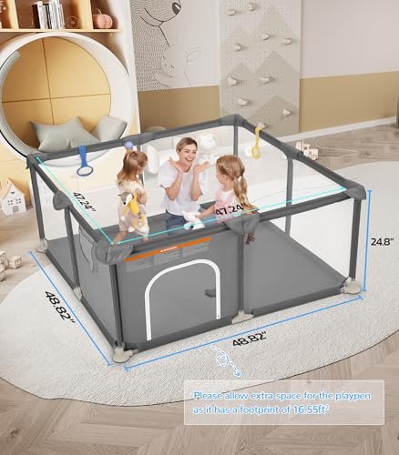 Dripex Baby Playpen, 52"×52" Play Pens for Babies and Toddlers, Safe Anti-Fall Play Yard with Gates, Baby Fence with Breathable Mesh, Indoor & Outdoor Kids Activity Center, Anchor Grey