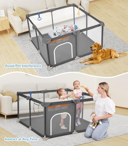Dripex Baby Playpen, 52"×52" Play Pens for Babies and Toddlers, Safe Anti-Fall Play Yard with Gates, Baby Fence with Breathable Mesh, Indoor & Outdoor Kids Activity Center, Anchor Grey