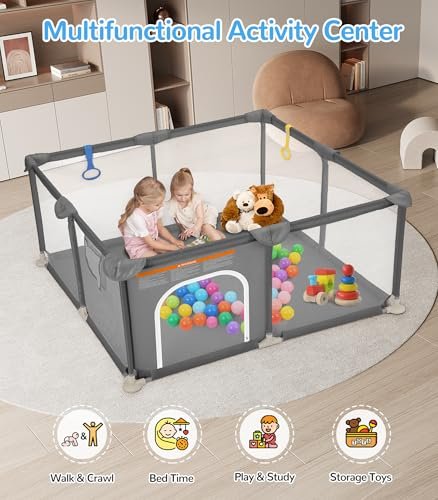 Dripex Baby Playpen, 52"×52" Play Pens for Babies and Toddlers, Safe Anti-Fall Play Yard with Gates, Baby Fence with Breathable Mesh, Indoor & Outdoor Kids Activity Center, Anchor Grey