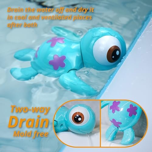 DUCKBOXX XX Wind-up Swimming Sea Turtles Bath Toy, No Battery Mold-Free Anti-Rust Interactive Montessori Toy for Kids 18M+ (Blue)