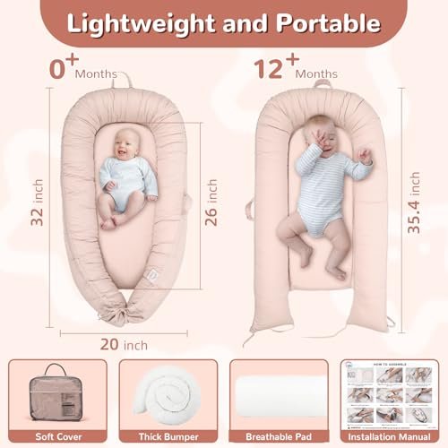 EAQ Baby Lounger, Snuggle Me Lounger, Portable Baby Nest Breathable & Soft, 100% Cotton Baby Lounger Pillow, Safe Baby Bassinet for Co-Sleeping, Nursery, Travel, Playtime