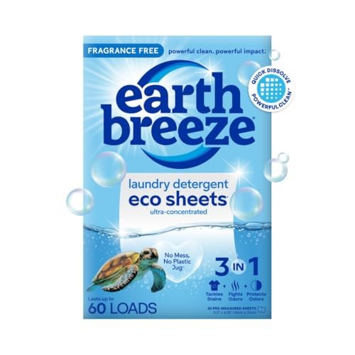 Earth Breeze Laundry Detergent Sheets Fragrance-Free - 60 Loads Eco Liquidless Soap - Travel-Friendly for Hot & Cold Cycles, Tackles Tough Stains & Odors - Gentle on Sensitive Skin, 30 Ct