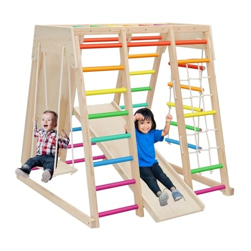 EDOSTORY 7 in 1 Pikler Indoor Playground Jungle Gym Playset, Wooden Montessori Climber with Slide, Rock Climb Wall, Monkey Bars, Rope Ladder, Climbing Rope and Swing for Kids(Rainbow)
