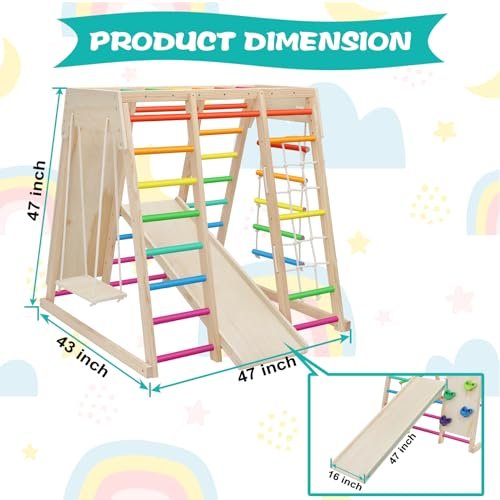 EDOSTORY 7 in 1 Pikler Indoor Playground Jungle Gym Playset, Wooden Montessori Climber with Slide, Rock Climb Wall, Monkey Bars, Rope Ladder, Climbing Rope and Swing for Kids（Rainbow）