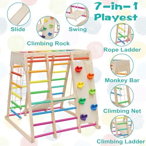 EDOSTORY 7 in 1 Pikler Indoor Playground Jungle Gym Playset, Wooden Montessori Climber with Slide, Rock Climb Wall, Monkey Bars, Rope Ladder, Climbing Rope and Swing for Kids（Rainbow）