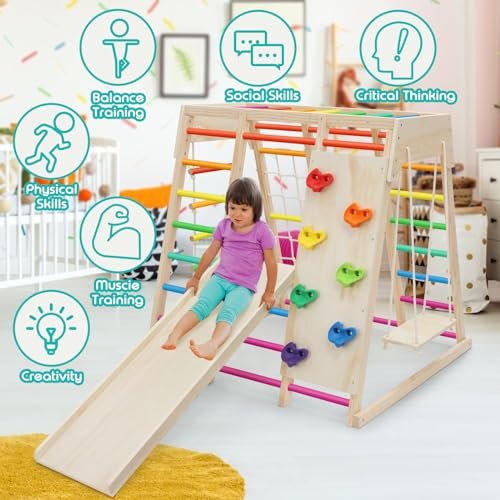 EDOSTORY 7 in 1 Pikler Indoor Playground Jungle Gym Playset, Wooden Montessori Climber with Slide, Rock Climb Wall, Monkey Bars, Rope Ladder, Climbing Rope and Swing for Kids（Rainbow）