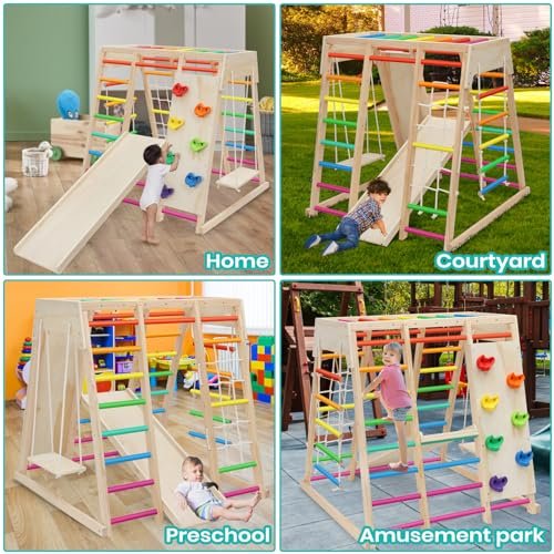 EDOSTORY 7 in 1 Pikler Indoor Playground Jungle Gym Playset, Wooden Montessori Climber with Slide, Rock Climb Wall, Monkey Bars, Rope Ladder, Climbing Rope and Swing for Kids（Rainbow）