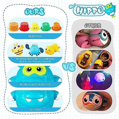 EKUEASYKU Bath Toys for Kids Ages 1-3 2-4 4-8 Hippo Toddler Bath Toys Water Toys with Burger Stacking Cups Swimming Duck Crab Bathtub Tub Toys Bath Time Emotion Letter Learning