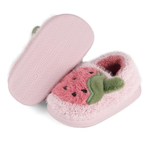 ESTAMICO Girls Cute Cartoon Slippers with Memory Foam Kids Plush Warm Winter House Shoes
