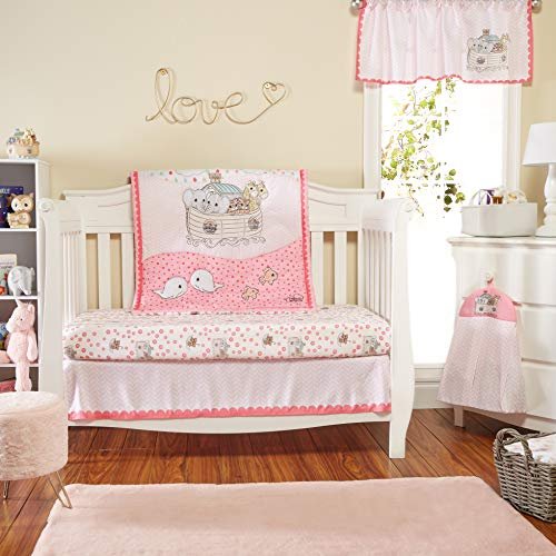 EVERYDAY KIDS Precious Moments Noah’s Ark 4 Pc Crib Bedding for Girls Nursery Set Includes Baby Bed Quilt, Fitted Sheet, Dust Ruffle and Diaper Stacker with Sweet Images of Elephants and Giraffes