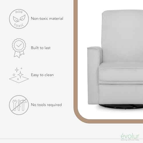 Evolur Raleigh Glider in Grey, Upholstered Plush Seating 360° Swivel Glider Rocking Chair, FSC Certified, Greenguard Gold & JPMA Certified Nursery Glider Recliner