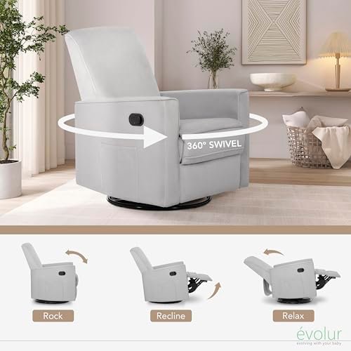 Evolur Raleigh Glider in Grey, Upholstered Plush Seating 360° Swivel Glider Rocking Chair, FSC Certified, Greenguard Gold & JPMA Certified Nursery Glider Recliner