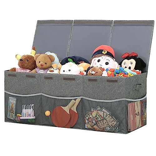 Extra Large Toy Box Chest with Mesh Pockets, Kids Toy Storage Organizer Bakest Box, Foldable Toy Organizers and Storage Bin with Lids, Toy Bin for Kids, Boys,Girls,Nursery,Playroom,Office
