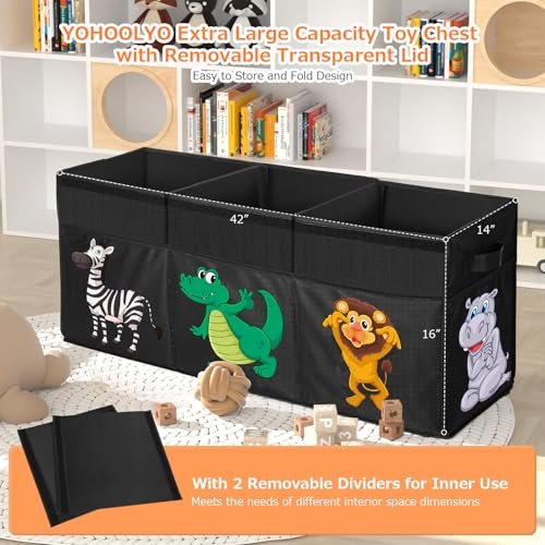 Extra Large Toy Box, Collapsible Sturdy Toy Storage Organizer with Lids, Dinosaur Storage Box for Boys Girls, 42"x16"x14" Kids Bin Chest Baskets for Living Room, Playroom, Bedroom, Nursery, Black
