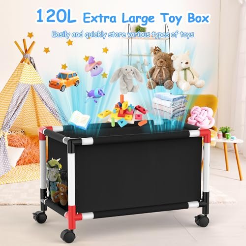 Extra Large Toy Box, Kids Storage Organizers with 360° Wheels, 120L Oxford Toy Chest Boxes for Boys Girls, Home Storage Organizer Toybox for Bedroom Living Nursery, 28.4 x 15.4 x19 Inches