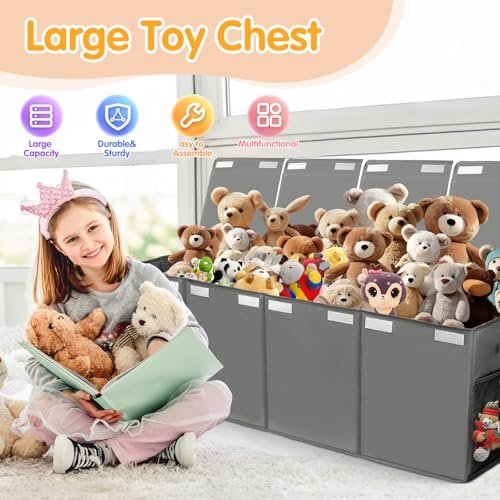 Extra Large Toy Chest,50"x15"x12" Toy Box for Kids Boys Girls,Collapsible Sturdy Toy Storage Organizer with Mesh Pockets,Large Kids Toy Chest Storage Boxes Bins Baskets for Girls,Boys,Nursery(Grey)