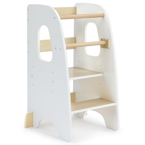 Ezebaby Toddler Standing Stool for Kitchen, 3-Adjustable Height Toddler Kitchen Stool Helper, Step Stool for Learning New Skills-White