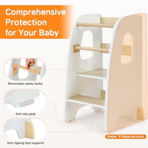 Ezebaby Toddler Standing Stool for Kitchen, 3-Adjustable Height Toddler Kitchen Stool Helper, Step Stool for Learning New Skills-White