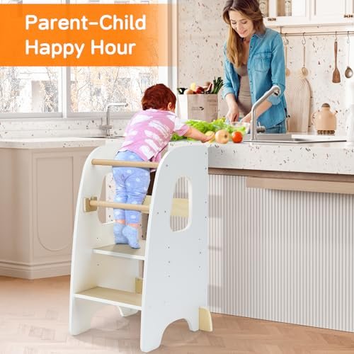 Ezebaby Toddler Standing Stool for Kitchen, 3-Adjustable Height Toddler Kitchen Stool Helper, Step Stool for Learning New Skills-White
