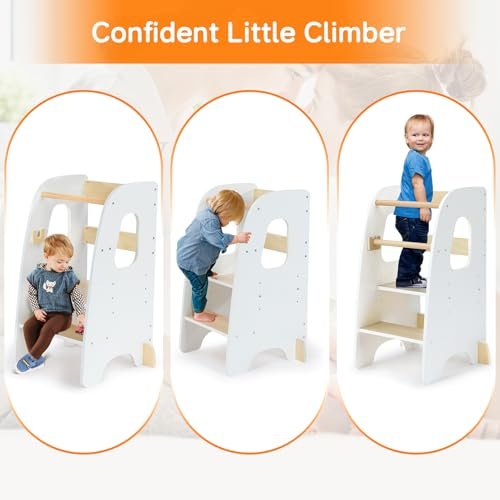 Ezebaby Toddler Standing Stool for Kitchen, 3-Adjustable Height Toddler Kitchen Stool Helper, Step Stool for Learning New Skills-White