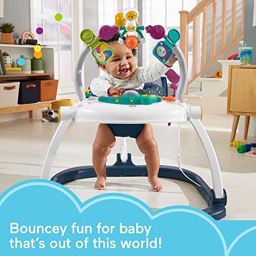 Fisher-Price Baby Bouncer SpaceSaver Jumperoo Musical Activity Center with Lights Sounds & Developmental Toys, Astro Kitty