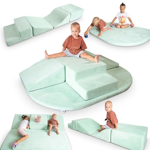 Foam Climbing Blocks for Toddlers - 5 Piece Climb and Crawl Foam Playset with Calming Green Color and Washable Cover - Nonslip Soft Play Climbing for Toddlers, Baby Gym, Toys Indoors