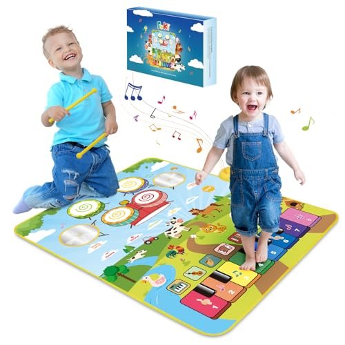 Foki 3-in-1 Musical Mats, Child Floor Piano Drum Animal Music Play Mat Montessori Sensory Early Educational Musical Learning Toys for Baby Girls Boys Birthday Toddlers 1-5 Years Old