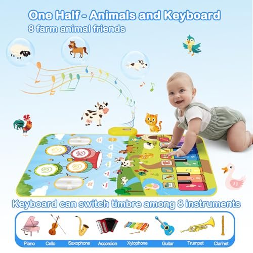 Foki 3-in-1 Musical Mats, Child Floor Piano Drum Animal Music Play Mat Montessori Sensory Early Educational Musical Learning Toys for Baby Girls Boys Birthday Toddlers 1-5 Years Old